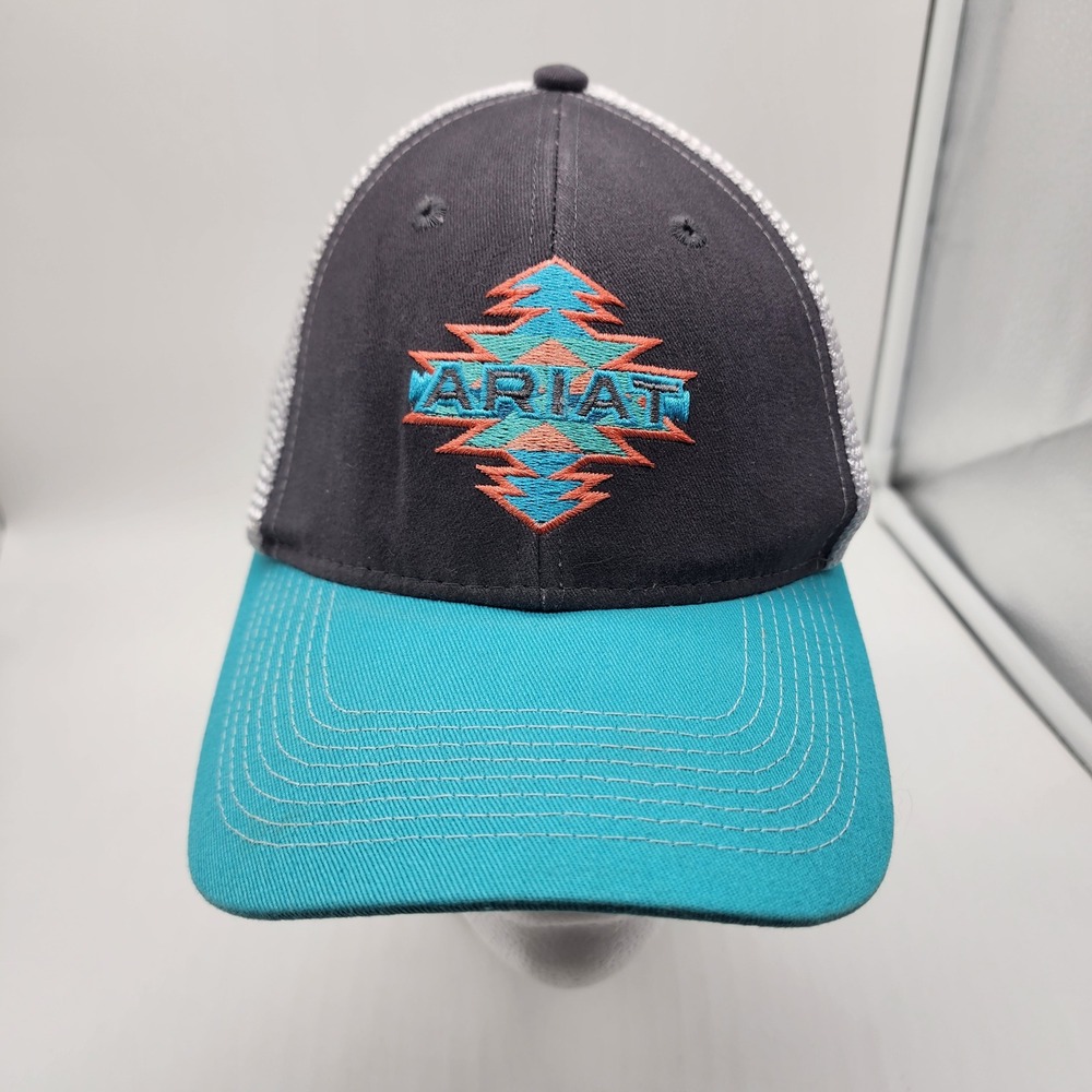 Ariat Aztec Logo Trucker Hat Gray Turquoise Coral Embroidered Mesh Snapback
